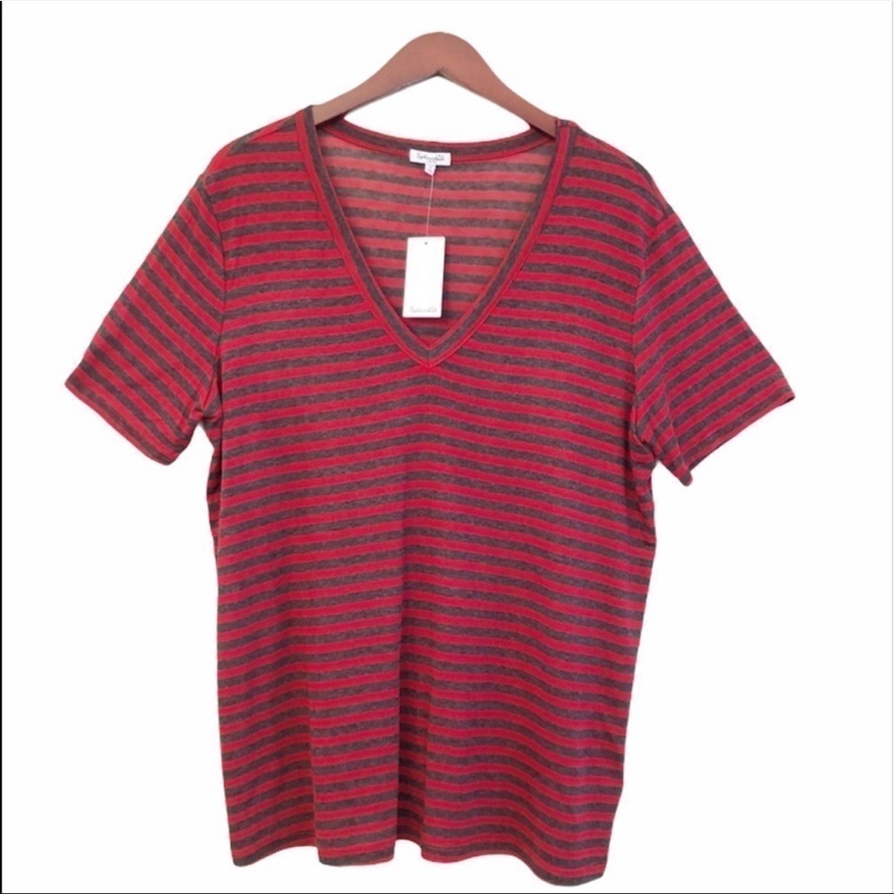Splendid NWT Striped V Neck Knit Top Size Large in Red and Gray Stripe